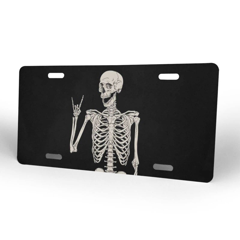 HANGWWZQ Skull Human Skeleton Posing Isolated Over Front License Plate Aluminum Decorative License Plates Funny Metal Car Plate 6"X12" Novelty Vanity Tag Cover with 4 Holes Car Decor Accessory - Image 2