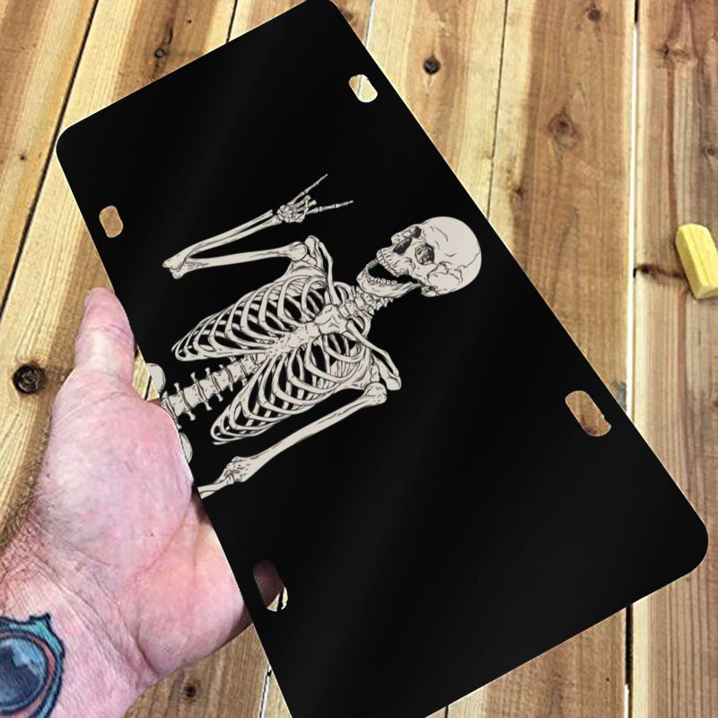 HANGWWZQ Skull Human Skeleton Posing Isolated Over Front License Plate Aluminum Decorative License Plates Funny Metal Car Plate 6"X12" Novelty Vanity Tag Cover with 4 Holes Car Decor Accessory - Image 5