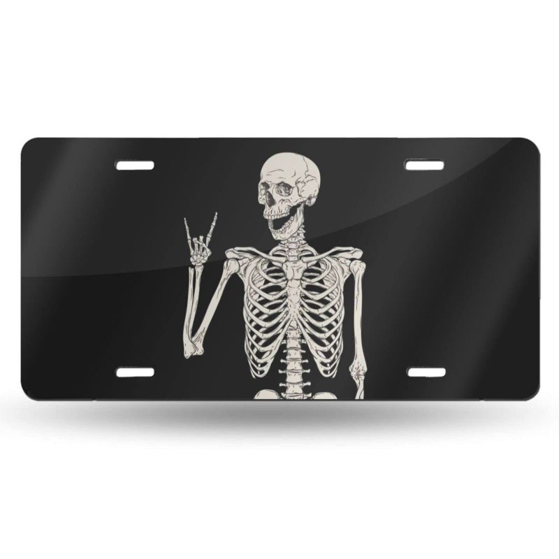 HANGWWZQ Skull Human Skeleton Posing Isolated Over Front License Plate Aluminum Decorative License Plates Funny Metal Car Plate 6"X12" Novelty Vanity Tag Cover with 4 Holes Car Decor Accessory - Image 1