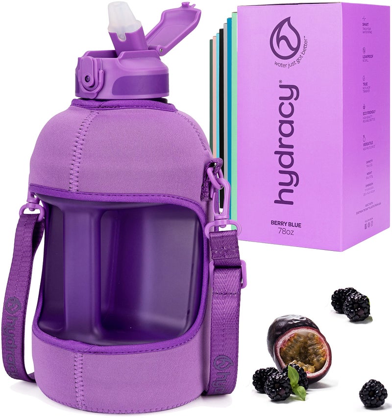 Hydracy Water Bottle with Storage Sleeve and Straw- Large Half Gallon 78 Oz BPA Free Motivational Water Bottle with Time Marker -Leak Proof Gym Bottle -Ideal Gift for Fitness or Sports & Outdoors