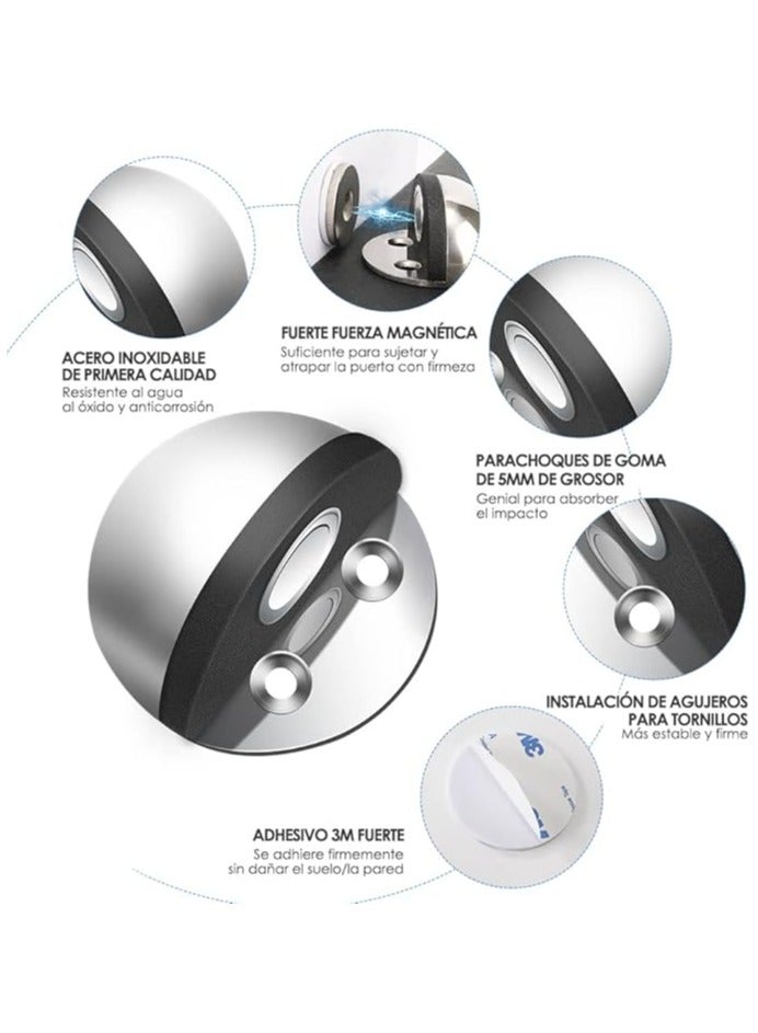 homeChi Magnetic Door Stoppers 6 Pcs, Stainless Steel Door Stops with Rubber Bumper, Floor Mounted Half Moon Door Stops with Screws and 3M Self-Adhesive Pads, Durable for Wall Door Protection (Silver) - Image 2