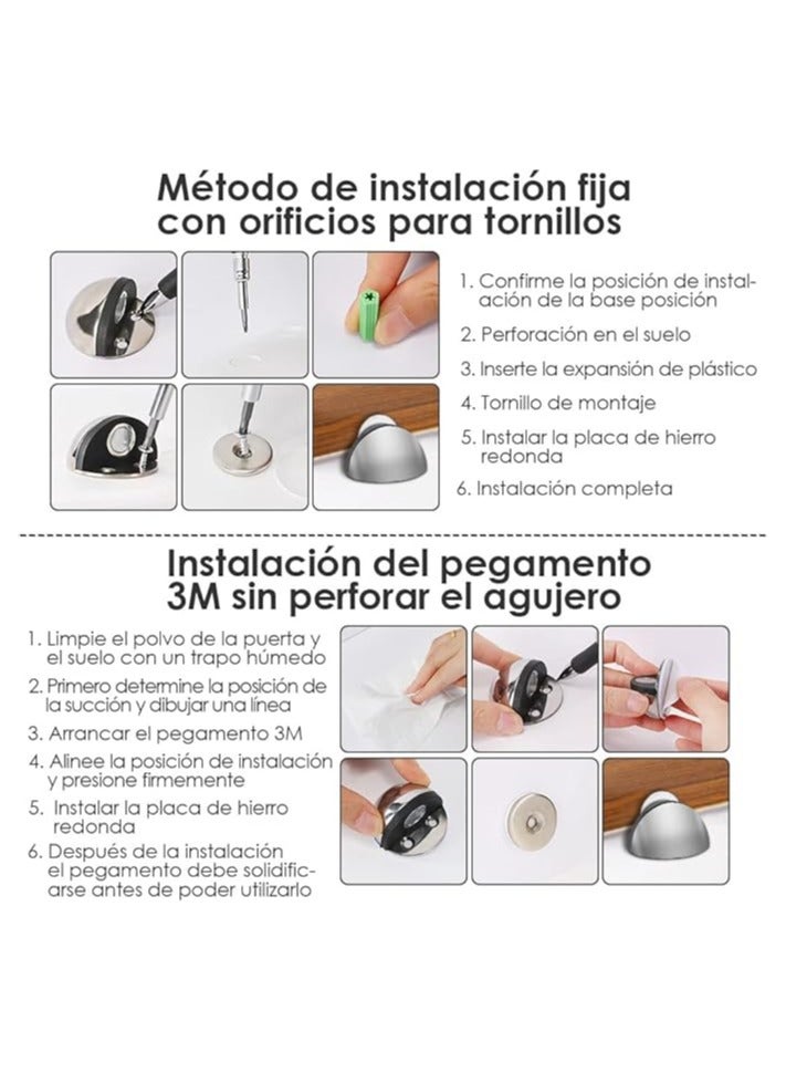 homeChi Magnetic Door Stoppers 6 Pcs, Stainless Steel Door Stops with Rubber Bumper, Floor Mounted Half Moon Door Stops with Screws and 3M Self-Adhesive Pads, Durable for Wall Door Protection (Silver) - Image 3