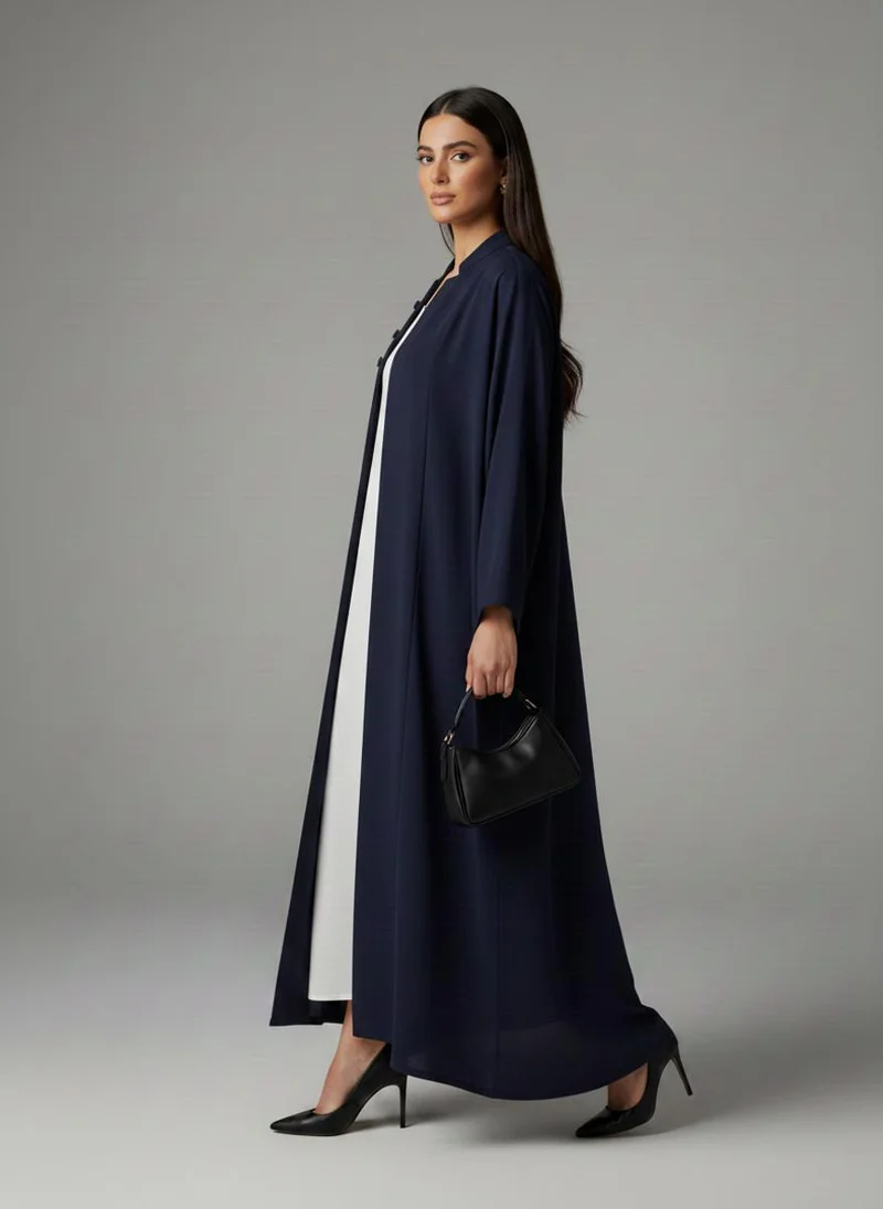 أم سكوير فاشن Signature Korean Nida Blue Open Abaya Minimalist High-Neck Design