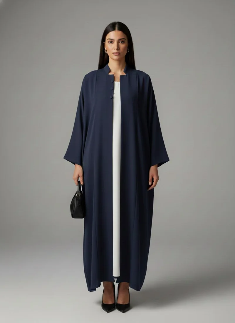 أم سكوير فاشن Signature Korean Nida Blue Open Abaya Minimalist High-Neck Design