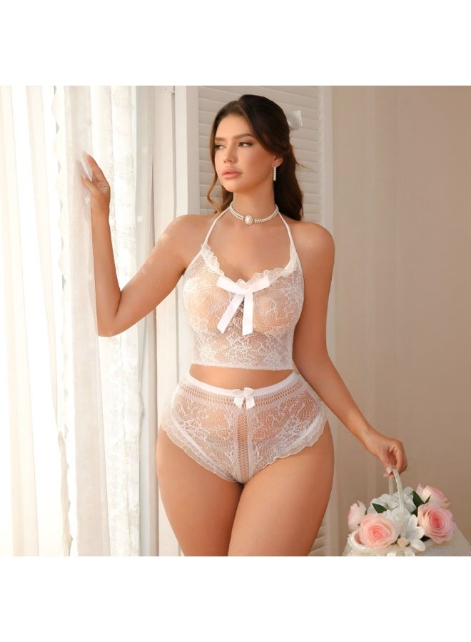 White Lace Halter Neck 2-Piece Lingerie Set, One Size Crop Top & High Waist Briefs with Bow - Image 1