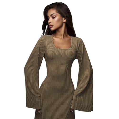 ZGMYC Women's Scoop Neck Lace Up Ribbed Maxi Dress Knit Flare Sleeve Bodycon Dress Loose Casual Long Dresses Khaki - Image 4
