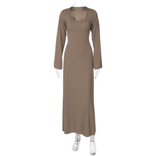 ZGMYC Women's Scoop Neck Lace Up Ribbed Maxi Dress Knit Flare Sleeve Bodycon Dress Loose Casual Long Dresses Khaki - Image 5
