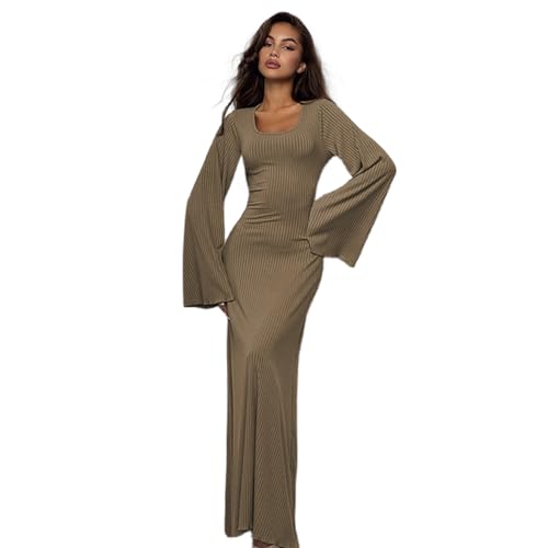ZGMYC Women's Scoop Neck Lace Up Ribbed Maxi Dress Knit Flare Sleeve Bodycon Dress Loose Casual Long Dresses Khaki - Image 1