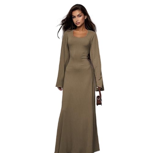 ZGMYC Women's Scoop Neck Lace Up Ribbed Maxi Dress Knit Flare Sleeve Bodycon Dress Loose Casual Long Dresses Khaki - Image 2