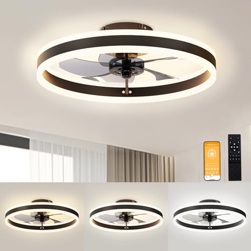 VOLISUN Low Profile Ceiling Fans with Lights and Remote 197in Flush Mount Ceiling Fans with Light 3000K6500K Dimmable Fandelier LED Fan Light Black Bladeless Ceiling Fans with Lights for Bedroom