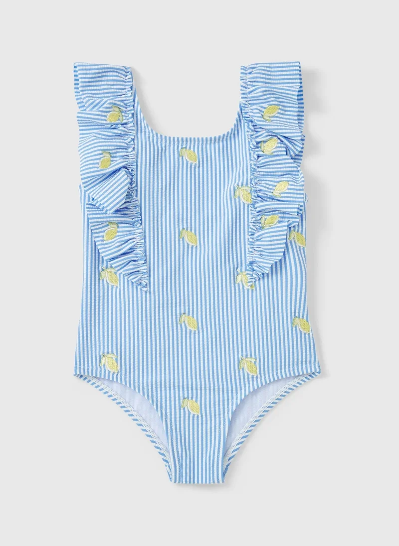 Girls Blue Stripe Lemon Frill Swimming Costume