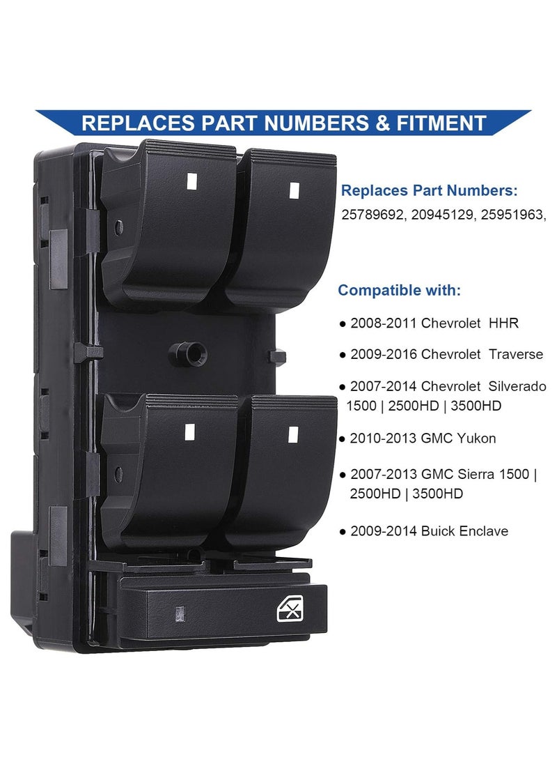 TLAXCA Driver Side Power Master Window Switch, Compatible with 2007-2013 Chevy Silverado Traverse HHR, GMC Sierra Yukon,Buick Enclave  Replace OE 20945129 25789692  - Image 2