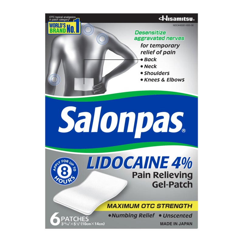 Salonpas Lidocaine 4% Pain Relieving Gel-Patch, 6 Count, for Back, Neck, Shoulder, Knee & Elbow Pain - Image 1