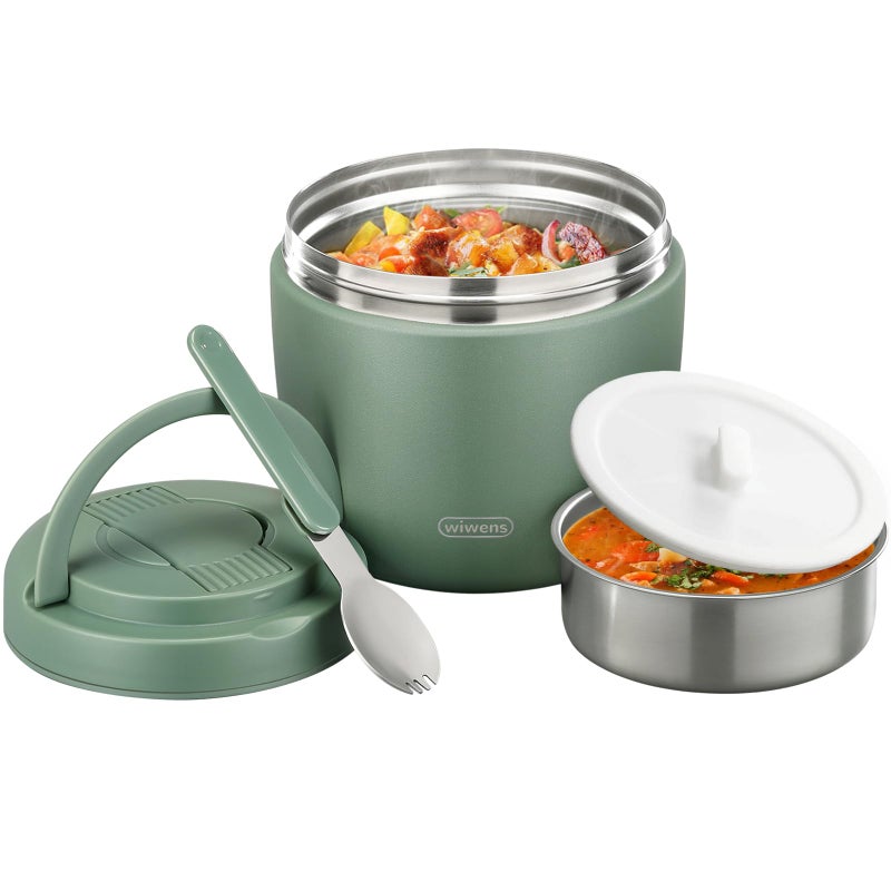 wiwens Thermo Food Jar for Hot Food Adults 32OZ Soup Thermo Lunch Containers Wide Mouth Vacuum Insulated Stainless Steel Leakproof Bento Box with Spoon (Green) - Image 1