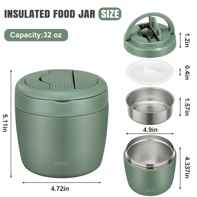 wiwens Thermo Food Jar for Hot Food Adults 32OZ Soup Thermo Lunch Containers Wide Mouth Vacuum Insulated Stainless Steel Leakproof Bento Box with Spoon (Green) - Image 5