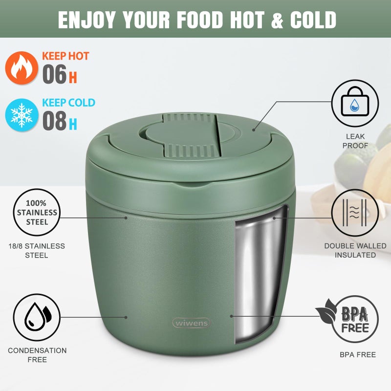 wiwens Thermo Food Jar for Hot Food Adults 32OZ Soup Thermo Lunch Containers Wide Mouth Vacuum Insulated Stainless Steel Leakproof Bento Box with Spoon (Green) - Image 3