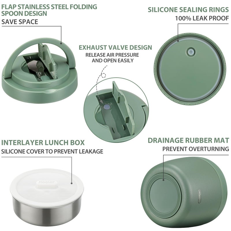 wiwens Thermo Food Jar for Hot Food Adults 32OZ Soup Thermo Lunch Containers Wide Mouth Vacuum Insulated Stainless Steel Leakproof Bento Box with Spoon (Green) - Image 4