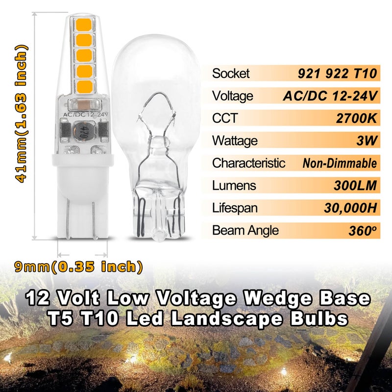 ALIDE 12 Volt Low Voltage Wedge Base Led Landscape Bulbs T5 T10 3W 300lm,T5 Malibu Path Garden Light Bulbs,921 922 912 194 168 T10 RV Camper Trailer Motorhome Marine Boat Dome Light,2700K Warm White,10 Pack - Image 5