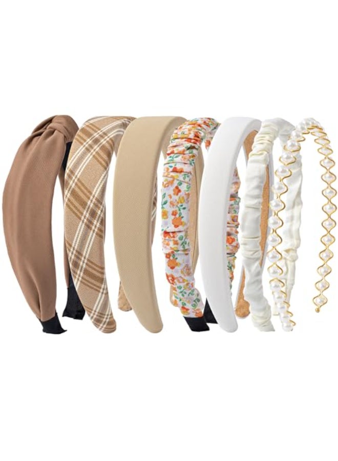 Sunolga 7 Pack Brown Headbands for Women Girls Non Slip Floral Padded Hairbands Cute Pearl Head bands Wide Headbands Trendy Hair Accessories - Image 1