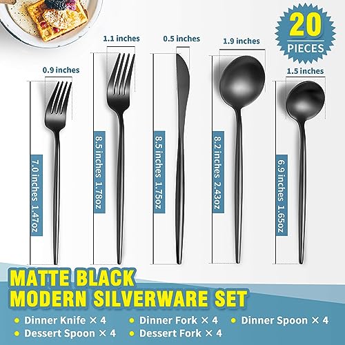 Lemeya Matte Black Silverware Set for 4,Modern Stainless Steel Brushed Cutlery Set,20-Pieces Heavy Duty Flatware Set,Knives Spoons and Forks Set Utensils Set, Satin Finish, Dishwasher Safe - Image 2