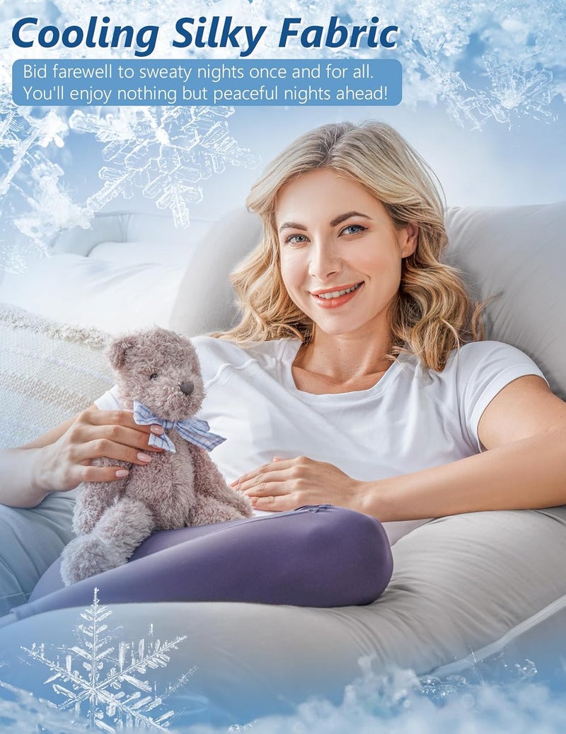 Meiz Pregnancy Pillow, Cooling Silky Pregnancy Pillows for Sleeping, Maternity Body Pillow for Pregnant Woman with Cooling Silk Jersey Cover, Light Grey - Image 3