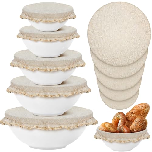 Patelai 10 Pcs Bowl Covers Reusable in 5 Size Stretch Cloth Fabric Elastic Food Storage Bowl Covers Bread Sourdough Lids for Proofing Food Fruits Leftover(Beige,Beige Style) - Image 1