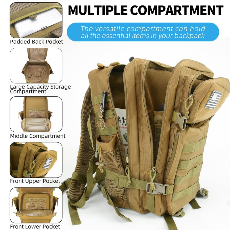 gracedon Tactical Backpack - Military Molle Bag 3 Days Pack for men and Women Large Assault Rucksack 45L (Khaki) - Image 2