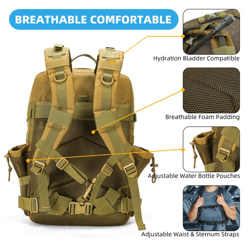 gracedon Tactical Backpack - Military Molle Bag 3 Days Pack for men and Women Large Assault Rucksack 45L (Khaki) - Image 4