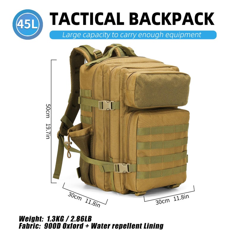 gracedon Tactical Backpack - Military Molle Bag 3 Days Pack for men and Women Large Assault Rucksack 45L (Khaki) - Image 3