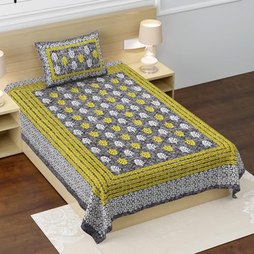 RajasthaniKart® Pure 100% Cotton Single Bed Sheet with 1 Pillow Cover (Bedsheet for Single Bed Cotton, Grey Small Booty) - Image 1