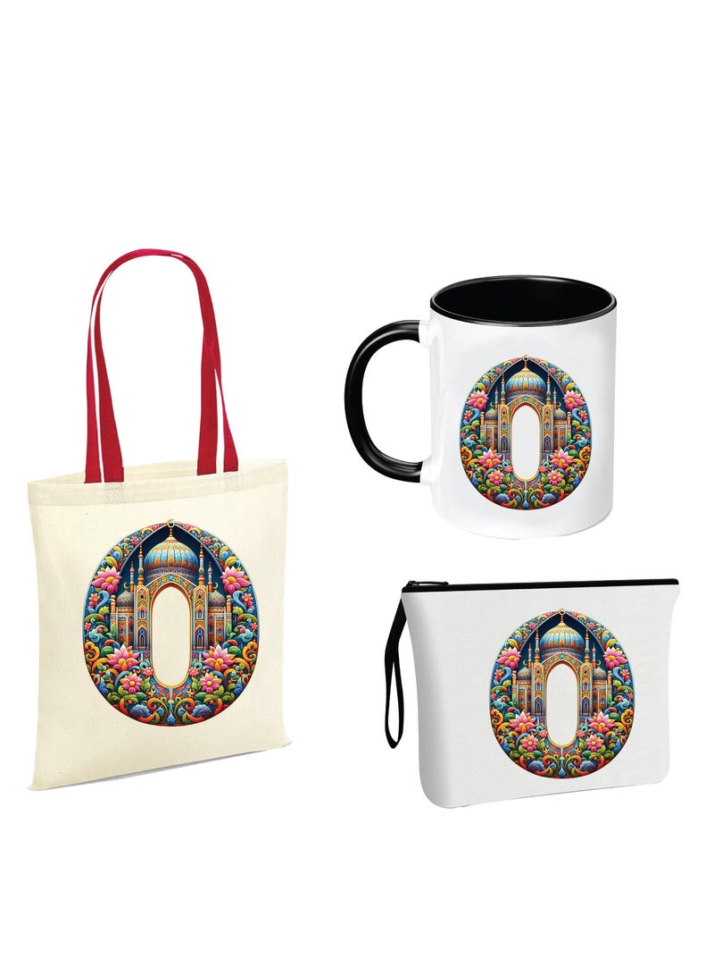 PRINTSHOP4ME Pack of 3 Initial Monogram Gift Set - Black Coffee Mug, Cosmetic Bag and Cotton Tote bag Set - Gift Set for Her - Perfect for Ramadan, School, Travel and Birthday Gift - Image 1