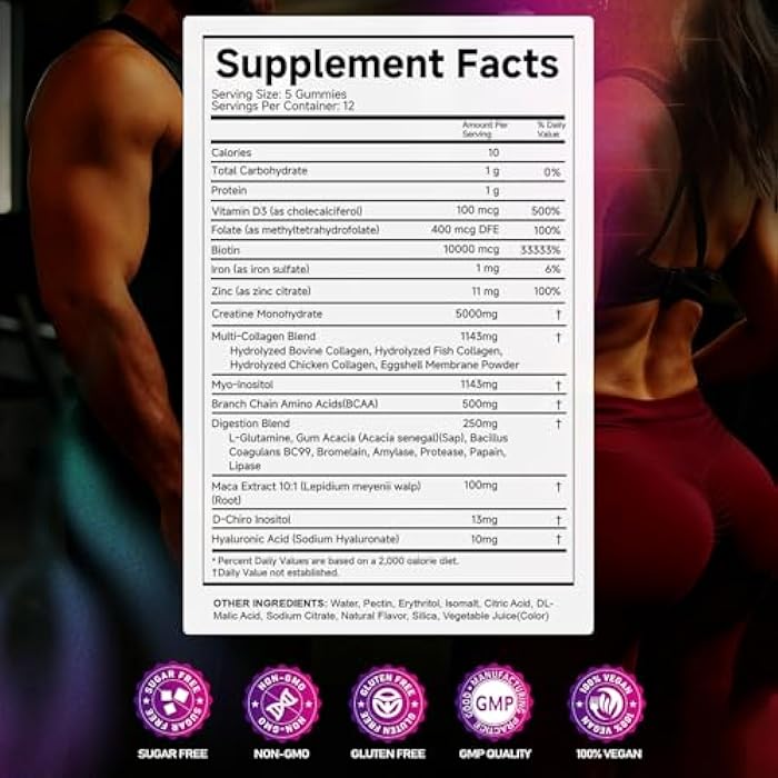 VYHTHY Creatine Monohydrate Gummies – with Collagen, BCAAs, L-Glutamine, Biotin, Zinc, Vitamin D3 & Hyaluronic Acid – Daily Pre & Post Workout Recovery, Sugar-Free (60 Gummies) - Image 3
