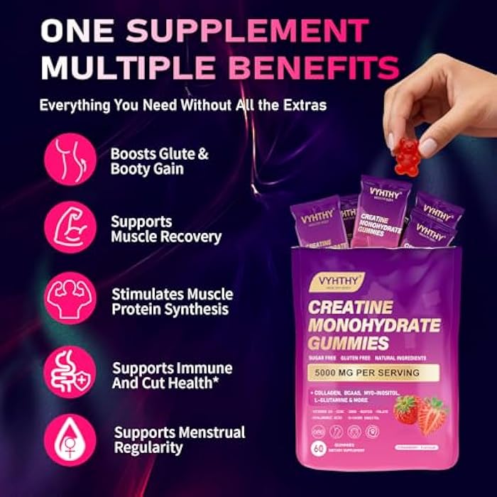 VYHTHY Creatine Monohydrate Gummies – with Collagen, BCAAs, L-Glutamine, Biotin, Zinc, Vitamin D3 & Hyaluronic Acid – Daily Pre & Post Workout Recovery, Sugar-Free (60 Gummies) - Image 4