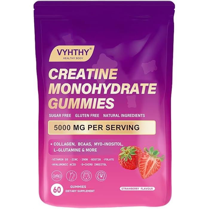 VYHTHY Creatine Monohydrate Gummies – with Collagen, BCAAs, L-Glutamine, Biotin, Zinc, Vitamin D3 & Hyaluronic Acid – Daily Pre & Post Workout Recovery, Sugar-Free (60 Gummies) - Image 1