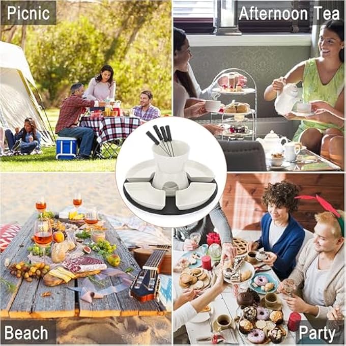 ريحني مجموعة فوندو شوكولاتة سيراميك أبيض، دفء آيس كريم الجبن 300 مل، مجموعة فوندو زبدة الشمعة، إبريق فوندو الشمعة مع منصة خشبية و4 شوك و4 أطباق - Image 5