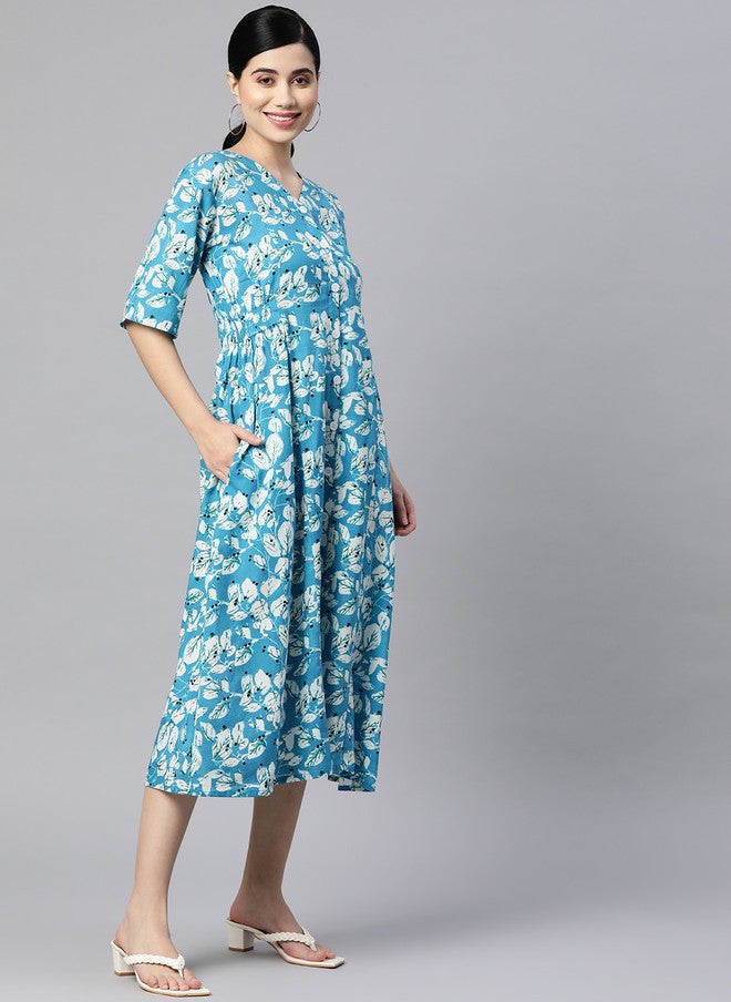 Indibelle فستان ميدي A-line مزخرف بالأزرق والأبيض من قطن نقي Indibelle - Image 3