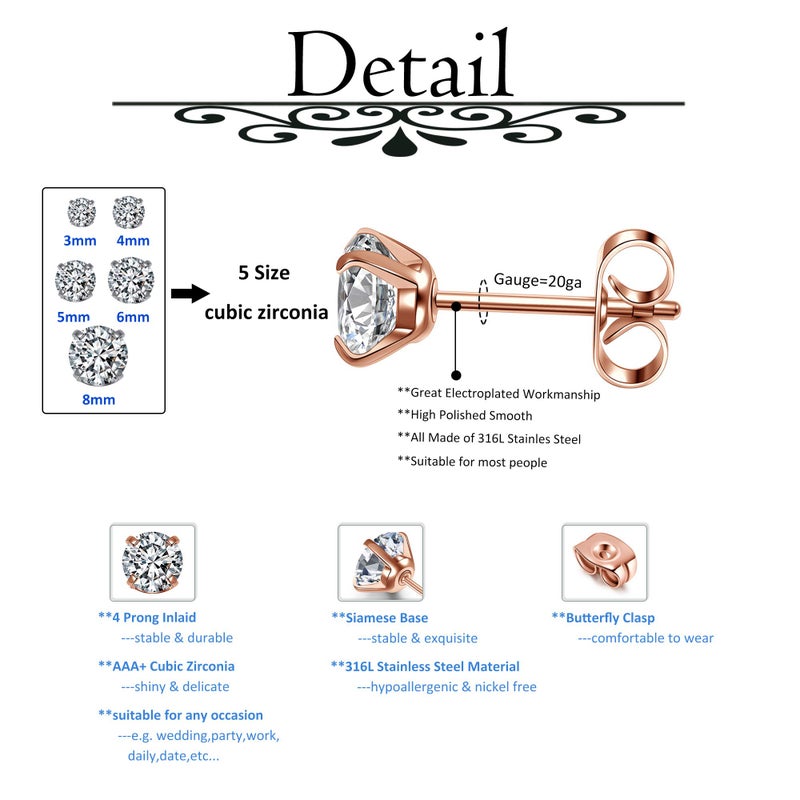JOVIVI 20G Hypoallergenic Stainless Steel Cubic Zirconia Black Stud Earrings Set CZ Earrings for Men Women, 3MM/4MM/5MM/6MM/8MM,5 Paris - Image 4