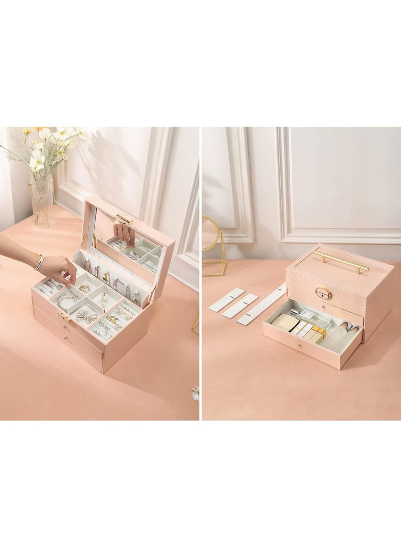 Pink Jewelry Box for Women Girls, Large Capacity 2-Drawer Organizer Case with Mirror for Necklace Earrings Bracelet Storage - Image 5