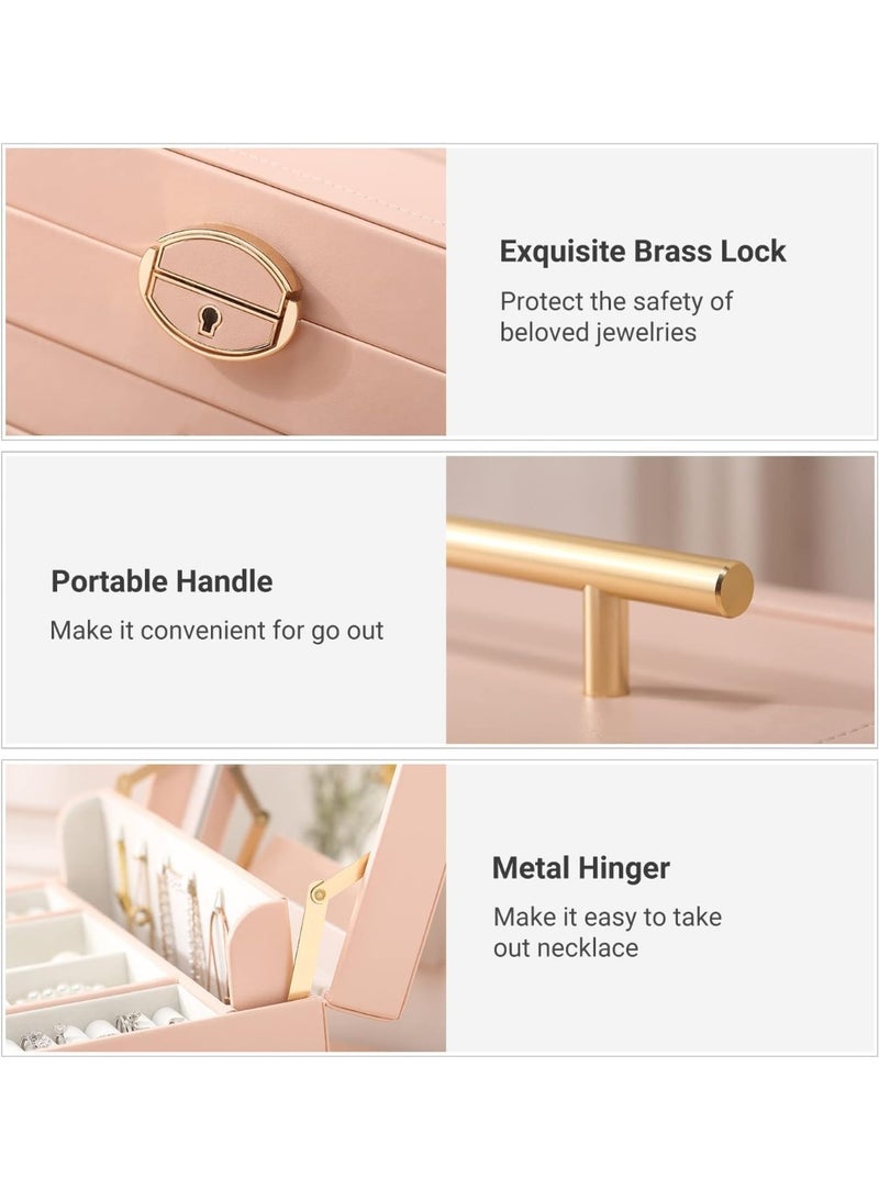 Pink Jewelry Box for Women Girls, Large Capacity 2-Drawer Organizer Case with Mirror for Necklace Earrings Bracelet Storage - Image 4