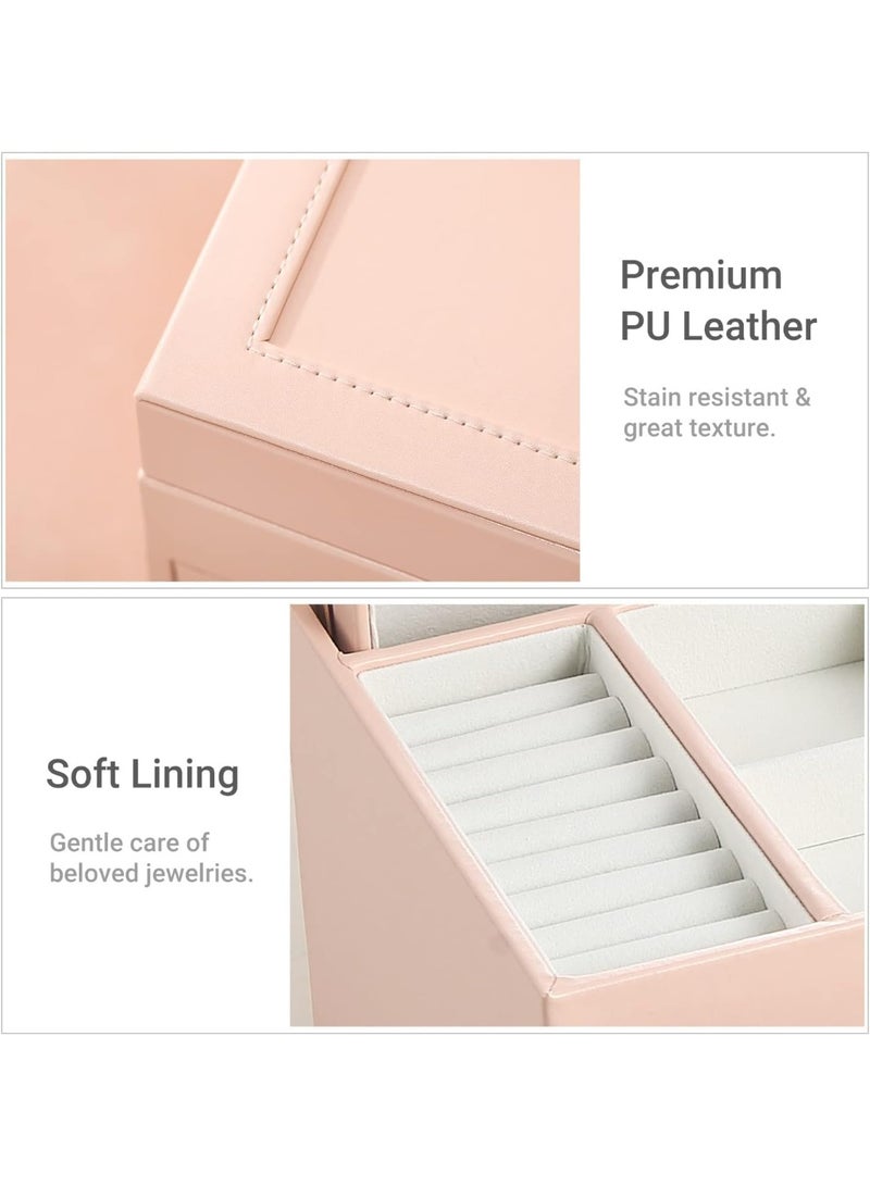 Pink Jewelry Box for Women Girls, Large Capacity 2-Drawer Organizer Case with Mirror for Necklace Earrings Bracelet Storage - Image 3