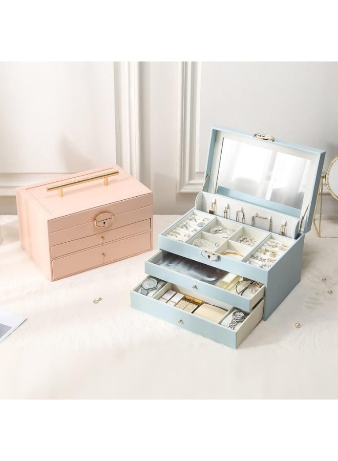 Pink Jewelry Box for Women Girls, Large Capacity 2-Drawer Organizer Case with Mirror for Necklace Earrings Bracelet Storage - Image 2