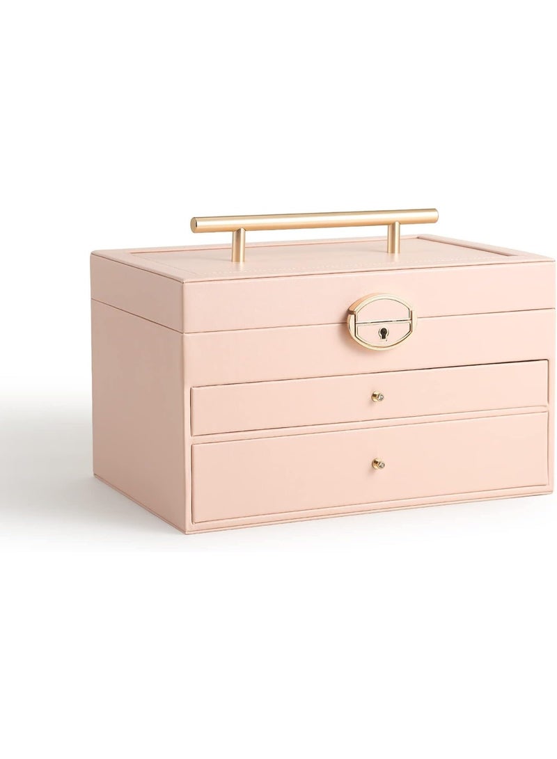 Pink Jewelry Box for Women Girls, Large Capacity 2-Drawer Organizer Case with Mirror for Necklace Earrings Bracelet Storage - Image 1