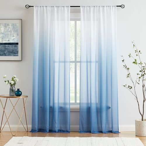 Purainbow Blue Ombre Sheer Curtains 84 Inch Long for Living Room Bedroom, Gradient Chiffon Light Filtering Window Curtain Drapes for Boys Room, Rod Pocket Semi Sheer Panels for Home Decor, 42"W, Set of 2 - Image 1