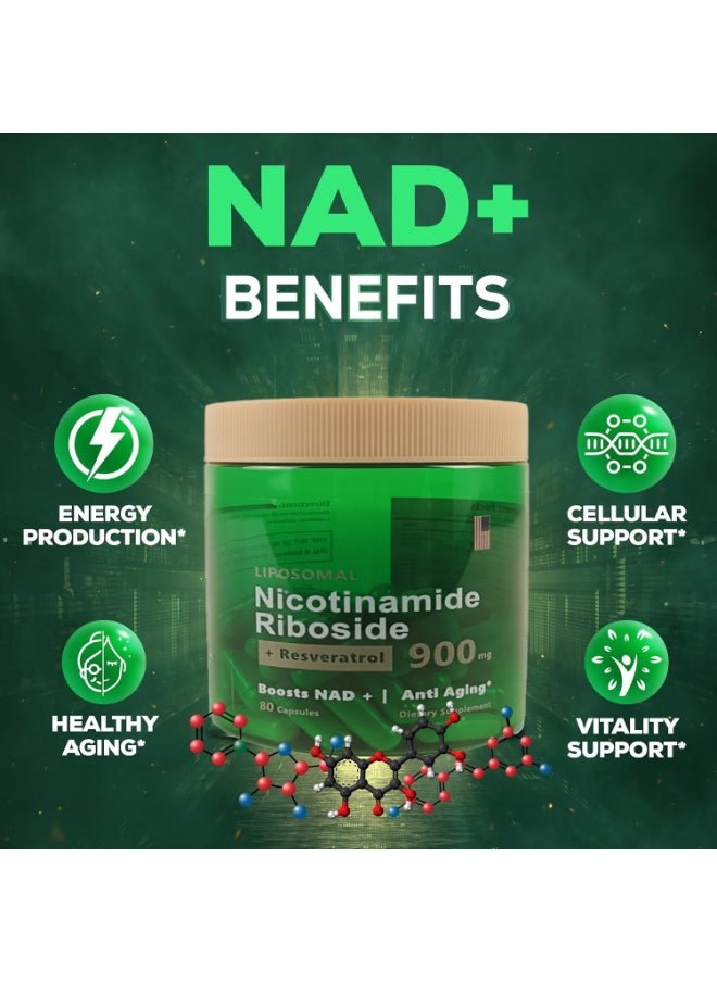 NAD 80 Capsules High Purity NAD+ Supplement with Nicotinamide Riboside & Resveratrol for Energy, Vitality, Anti-Aging, Focus & DNA Repair.  - Image 1