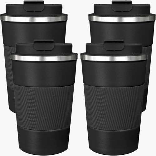 ATZNZIK 4 Pack Insulated Coffee Mug with Lid 12oz Travel Coffee Tumbler Stainless Steel Reusable Coffee Cups Thermal Coffee Mug for Hot and Iced Cold Drinks, Black - Image 1