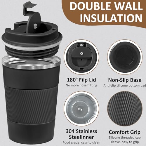ATZNZIK 4 Pack Insulated Coffee Mug with Lid 12oz Travel Coffee Tumbler Stainless Steel Reusable Coffee Cups Thermal Coffee Mug for Hot and Iced Cold Drinks, Black - Image 3