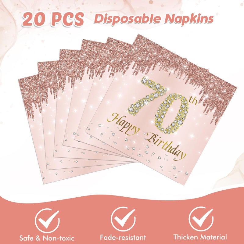 Juhap 70th Birthday Decorations, Rose Gold Birthday Party Supplies Include 20Pcs Plates 20Pcs Napkins Sweet Seventy Year Old Party Tableware for Girl Ladies Women - Image 4