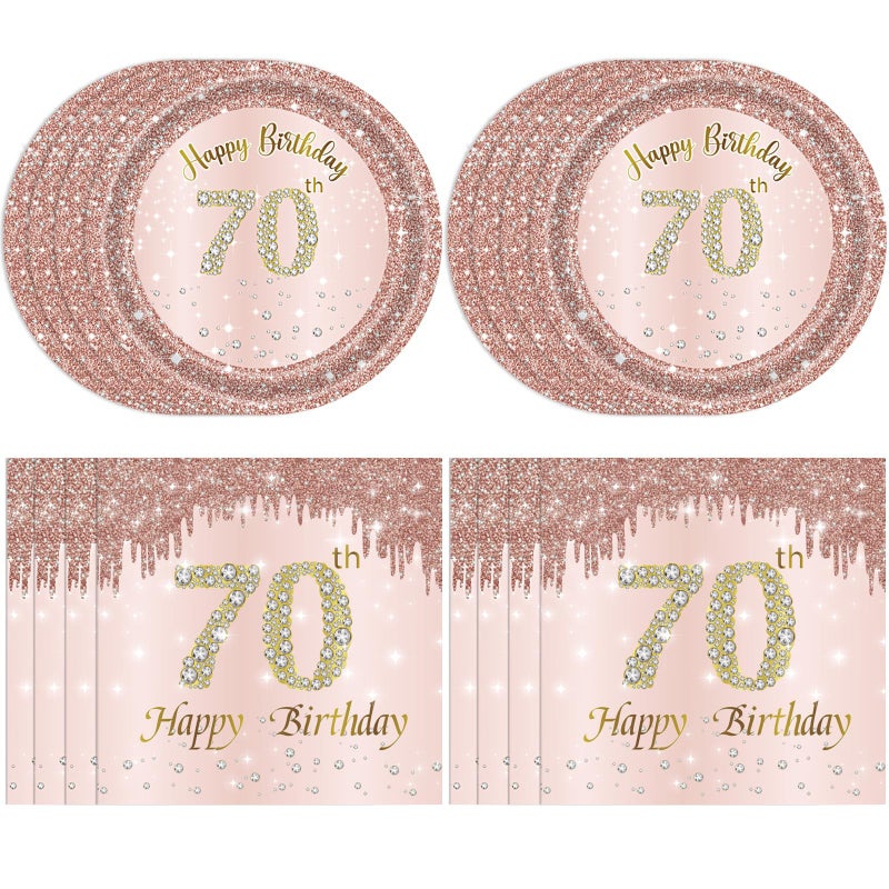 Juhap 70th Birthday Decorations, Rose Gold Birthday Party Supplies Include 20Pcs Plates 20Pcs Napkins Sweet Seventy Year Old Party Tableware for Girl Ladies Women - Image 1