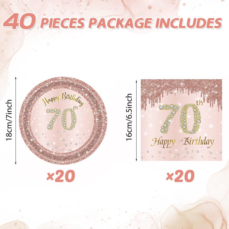 Juhap 70th Birthday Decorations, Rose Gold Birthday Party Supplies Include 20Pcs Plates 20Pcs Napkins Sweet Seventy Year Old Party Tableware for Girl Ladies Women - Image 2