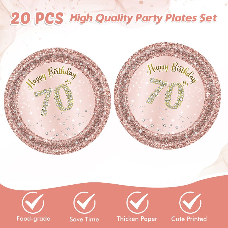 Juhap 70th Birthday Decorations, Rose Gold Birthday Party Supplies Include 20Pcs Plates 20Pcs Napkins Sweet Seventy Year Old Party Tableware for Girl Ladies Women - Image 3